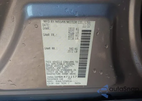 2013 Nissan Altima 2.5 Sv из США, поврежденный, VIN 1N4AL3AP8DN471157